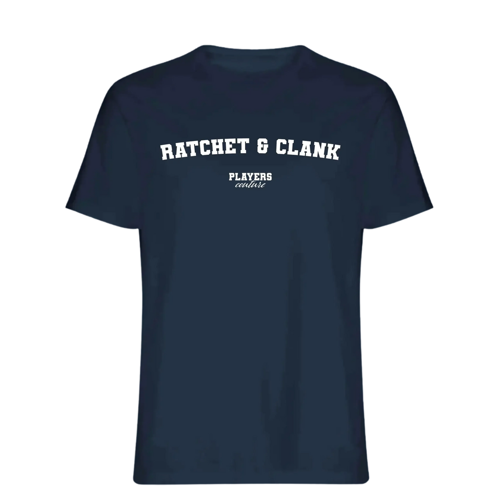 Ratchet & Clank t-shirt – navy men's t-shirt with white Ratchet & Clank letters and Players Couture logo on the chest