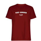 Ravi Ashwin t-shirt – red men's t-shirt with white Ravi Ashwin letters and Players Couture logo on the chest