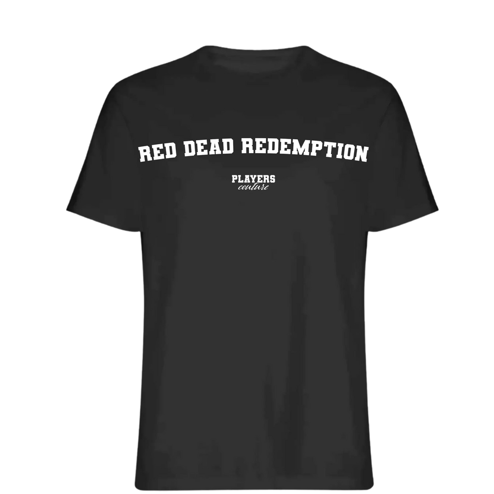 Red Dead Redemption t-shirt – red men's t-shirt with white Red Dead Redemption letters and Players Couture logo on the chest