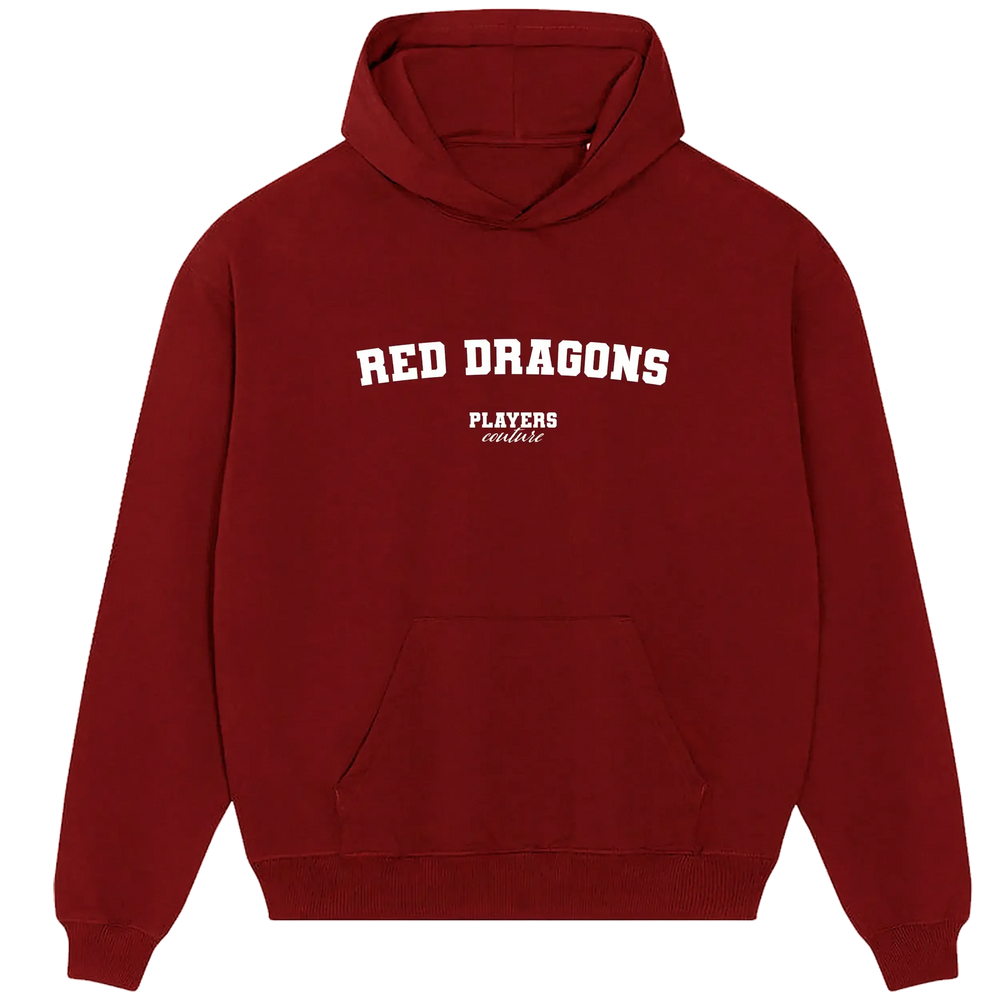 Red Dragons hoodie – red men's hoodie with white Red Dragons letters and Players Couture logo on the chest