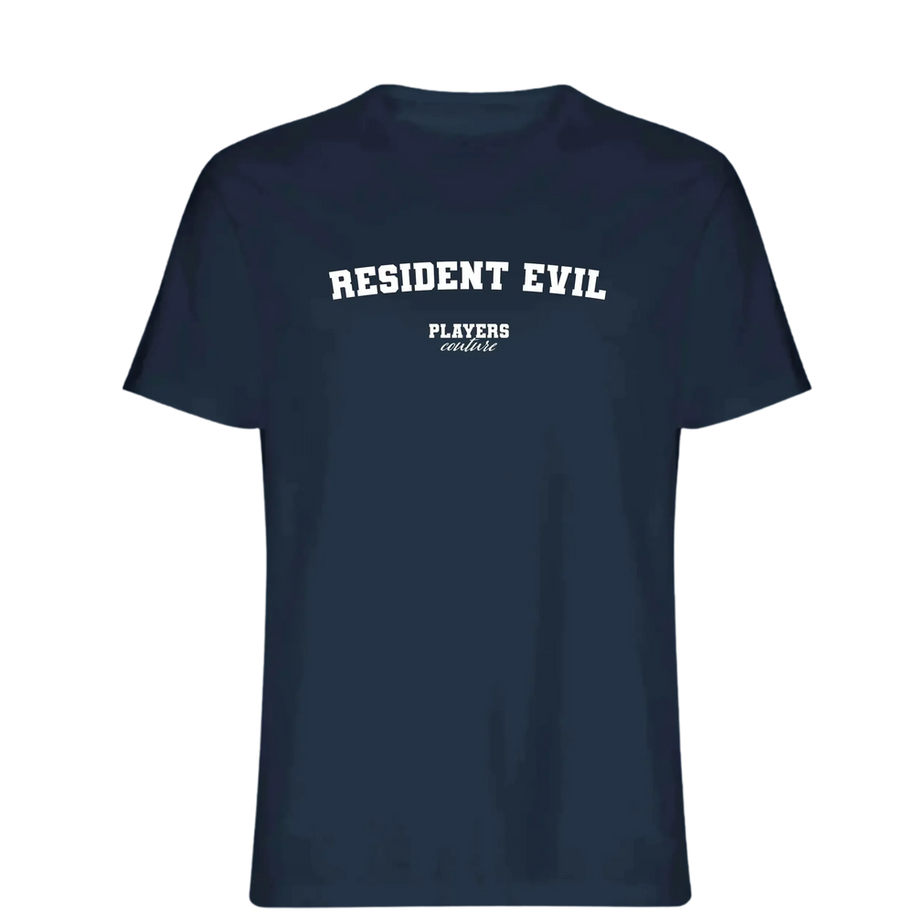 Resident Evil t-shirt – navy men's t-shirt with white Resident Evil letters and Players Couture logo on the chest