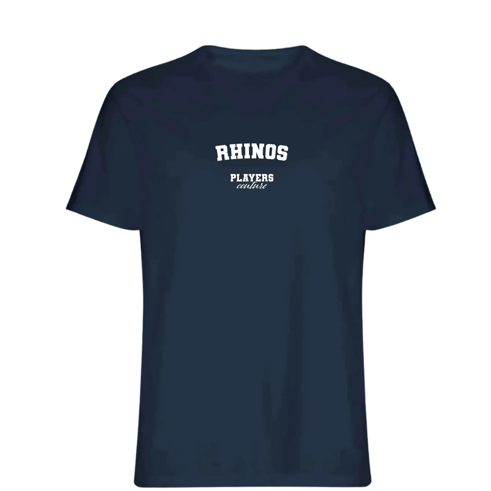 Rhinos t-shirt – navy men's t-shirt with white Rhinos letters and Players Couture logo on the chest