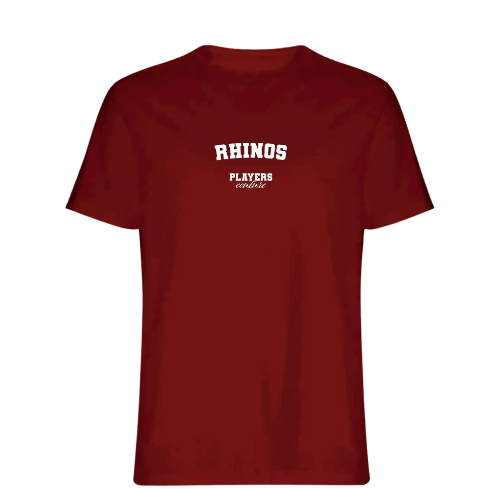 Rhinos t-shirt – red men's t-shirt with white Rhinos letters and Players Couture logo on the chest