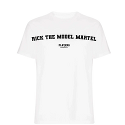 RicK The Model Martel t-shirt – white men's t-shirt with black RicK The Model Martel letters and Players Couture logo on the
