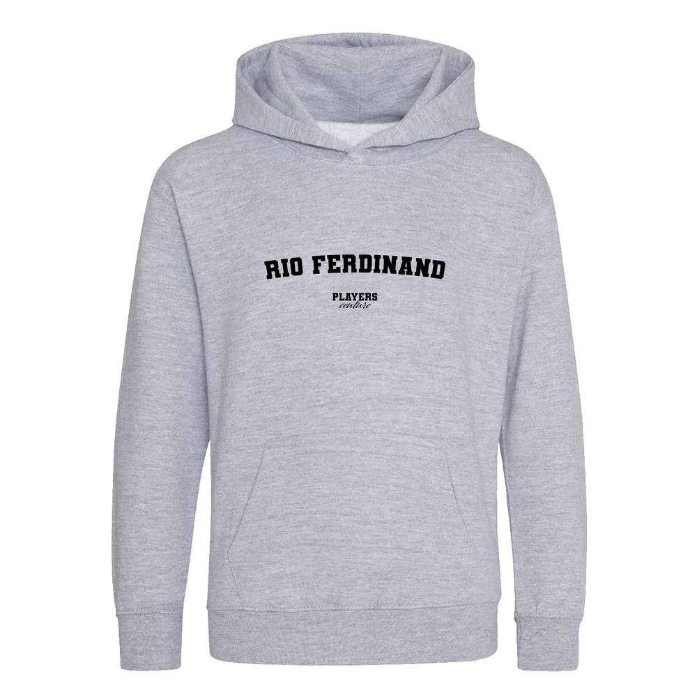 Rio Ferdinand hoodie – grey kids' hoodie with black Rio Ferdinand letters and Players Couture logo on the chest