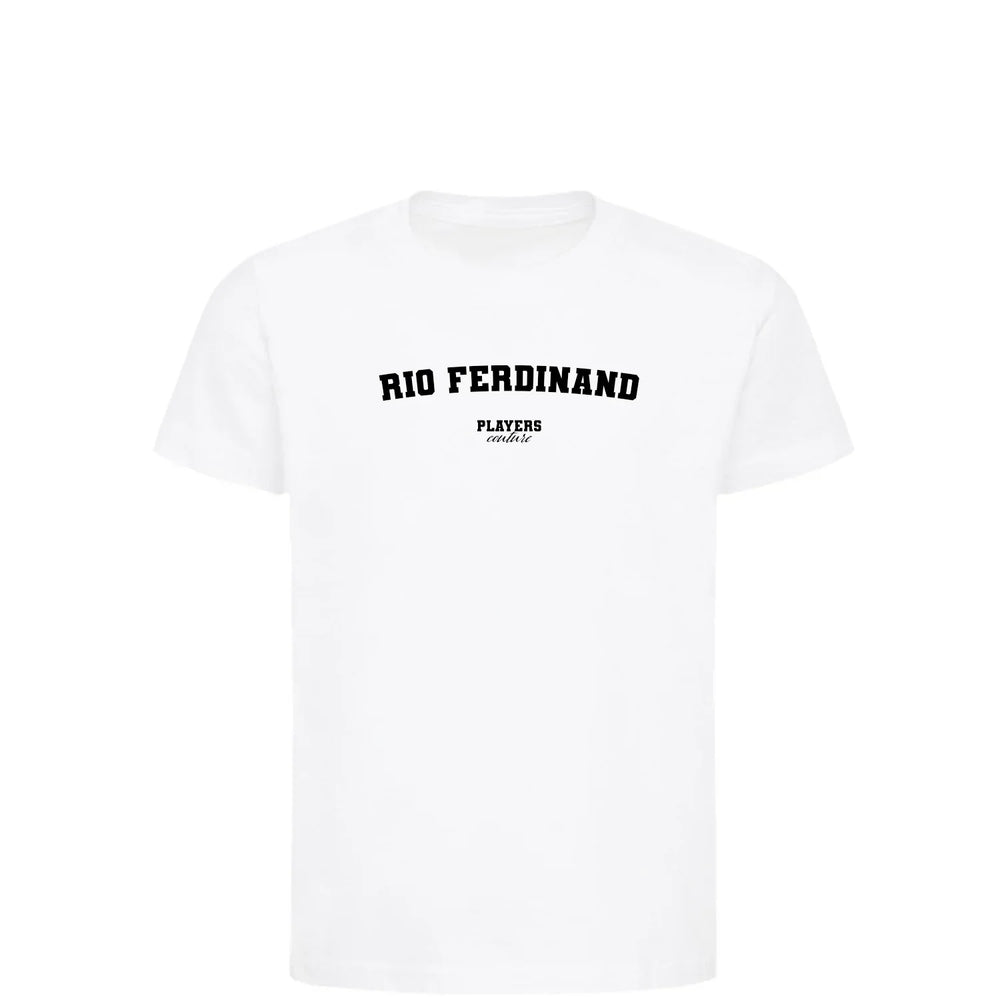 Rio Ferdinand t-shirt – white kids' t-shirt with black Rio Ferdinand letters and Players Couture logo on the chest