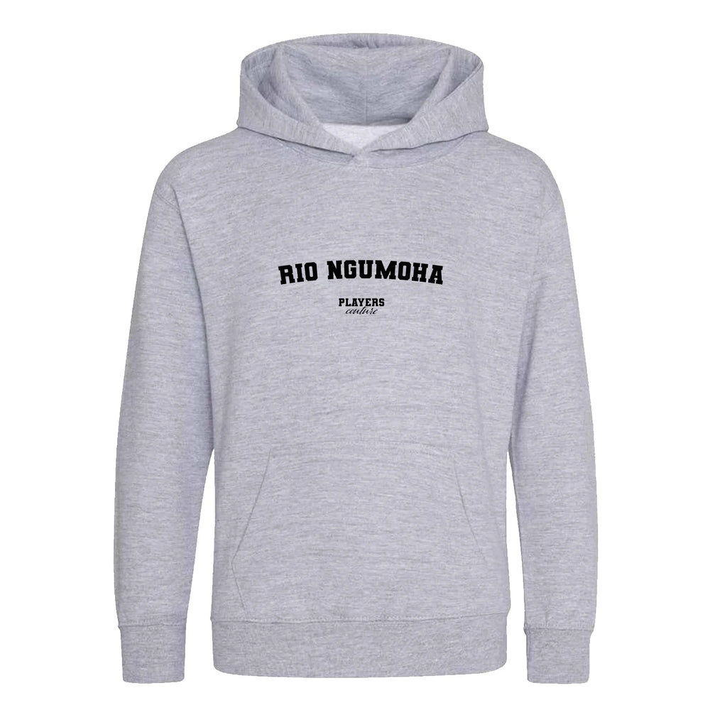 Rio Ngumoha hoodie – grey kids' hoodie with black Rio Ngumoha letters and Players Couture logo on the chest