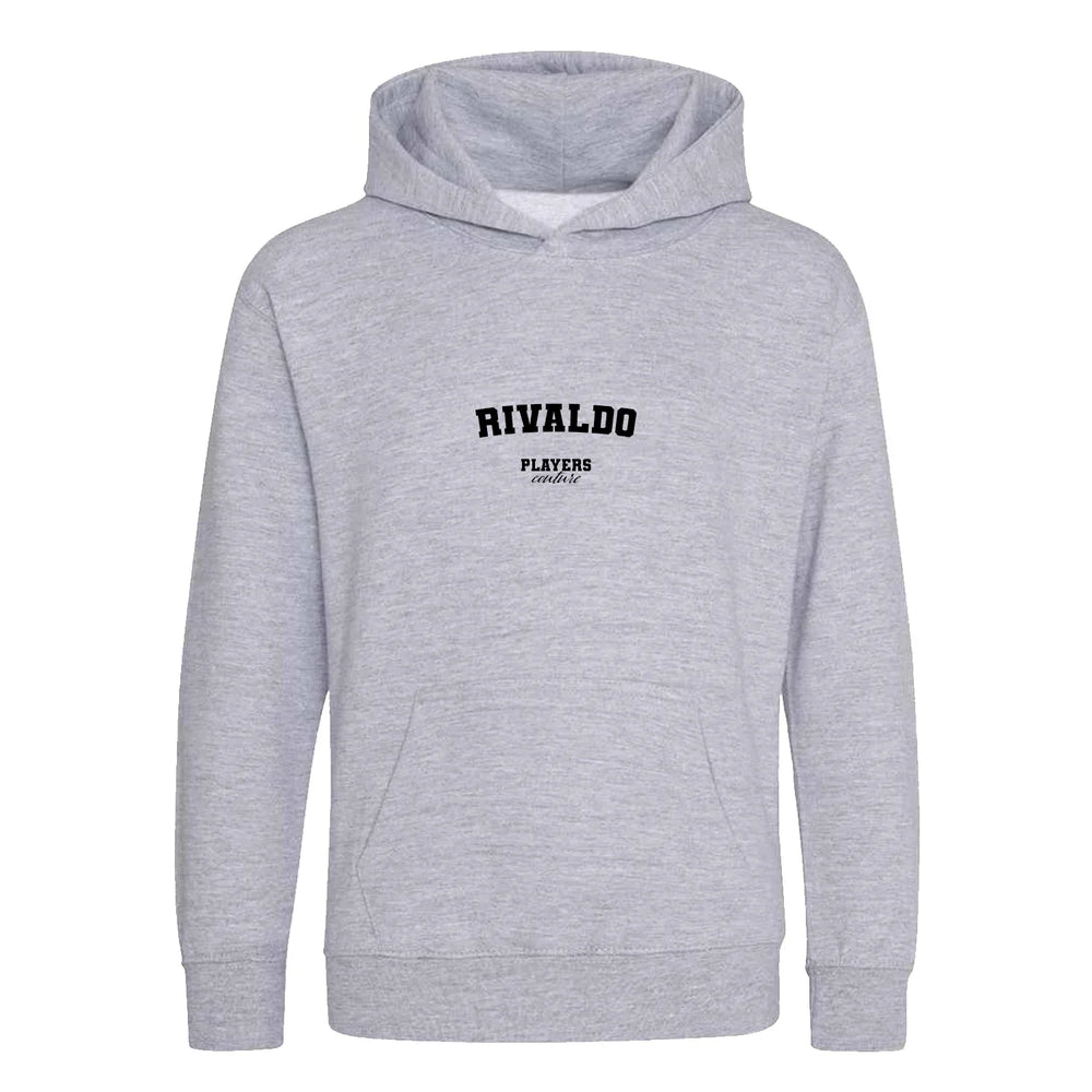 Rivaldo hoodie – grey kids' hoodie with black Rivaldo letters and Players Couture logo on the chest