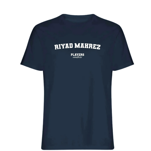 Riyad Mahrez t-shirt – navy men's t-shirt with white Riyad Mahrez letters and Players Couture logo on the chest
