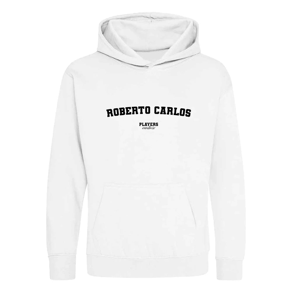 Roberto Carlos hoodie – white kids' hoodie with black Roberto Carlos letters and Players Couture logo on the chest