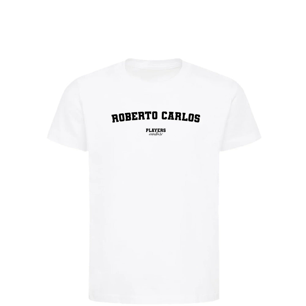 Roberto Carlos t-shirt – white kids' t-shirt with black Roberto Carlos letters and Players Couture logo on the chest