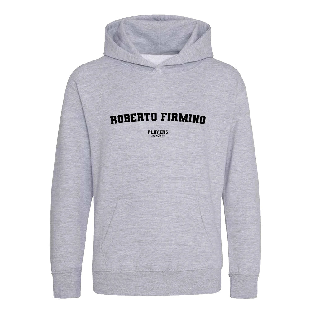 Roberto Firmino hoodie – grey kids' hoodie with black Roberto Firmino letters and Players Couture logo on the chest