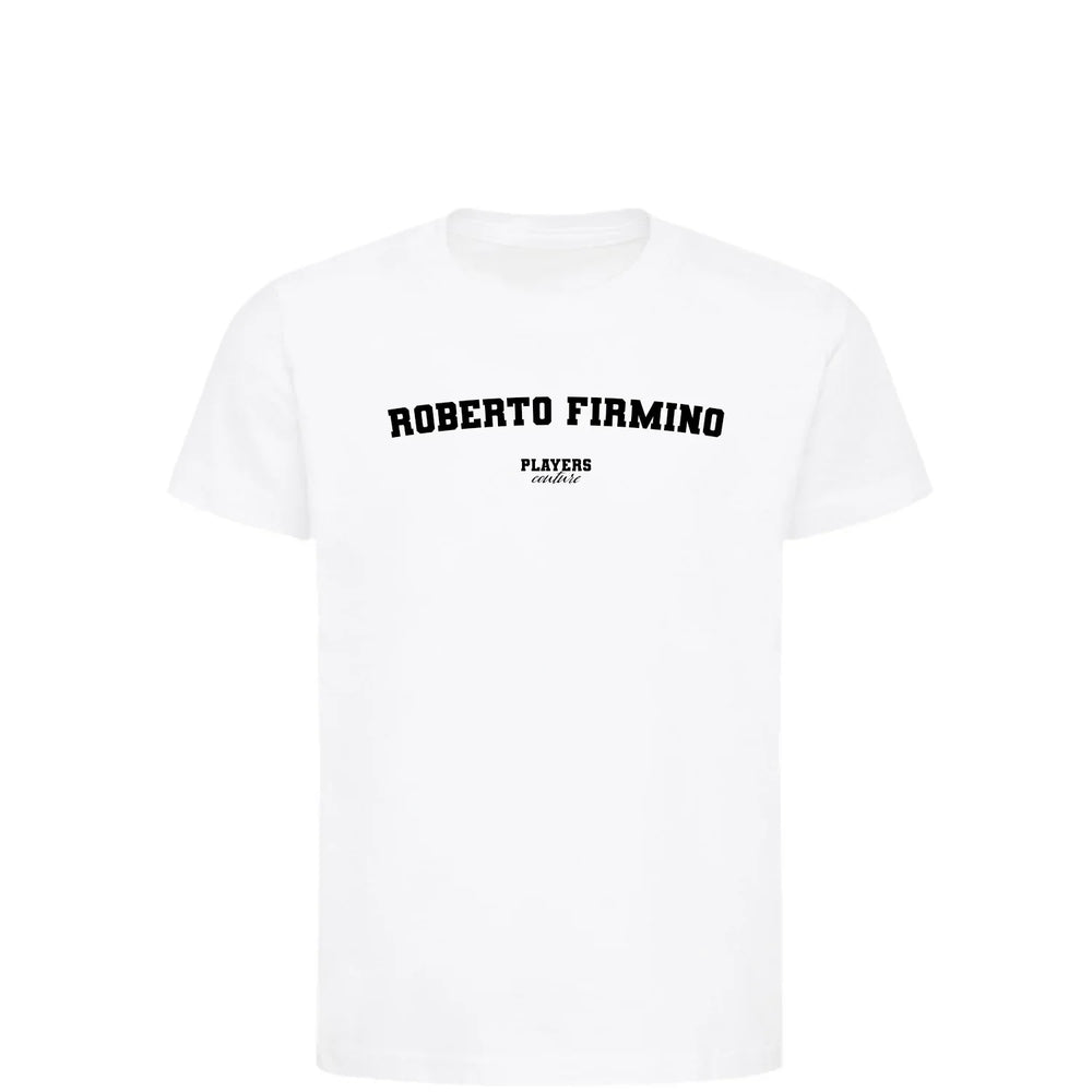 Roberto Firmino t-shirt – white kids' t-shirt with black Roberto Firmino letters and Players Couture logo on the chest
