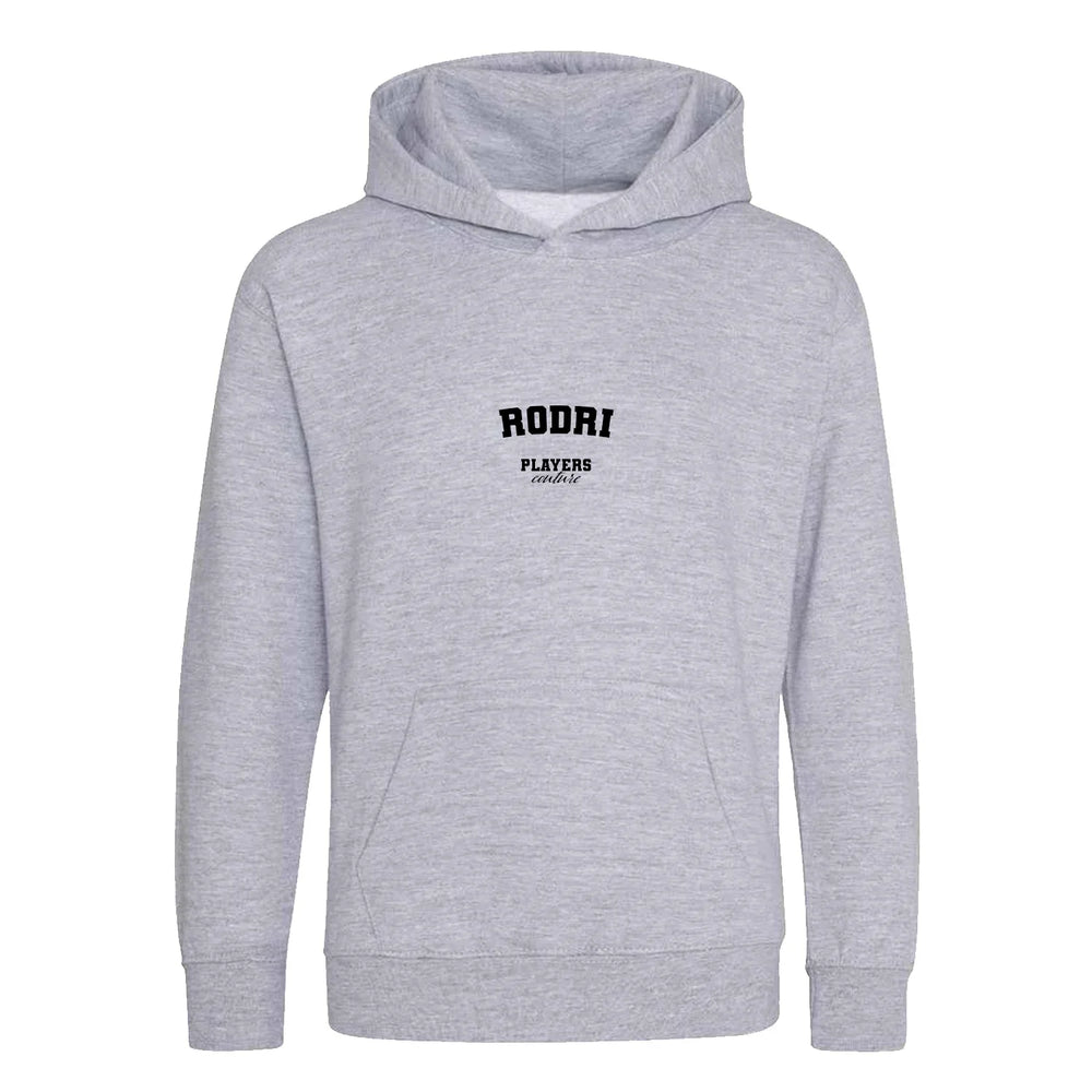 Rodri hoodie – grey kids' hoodie with black Rodri letters and Players Couture logo on the chest