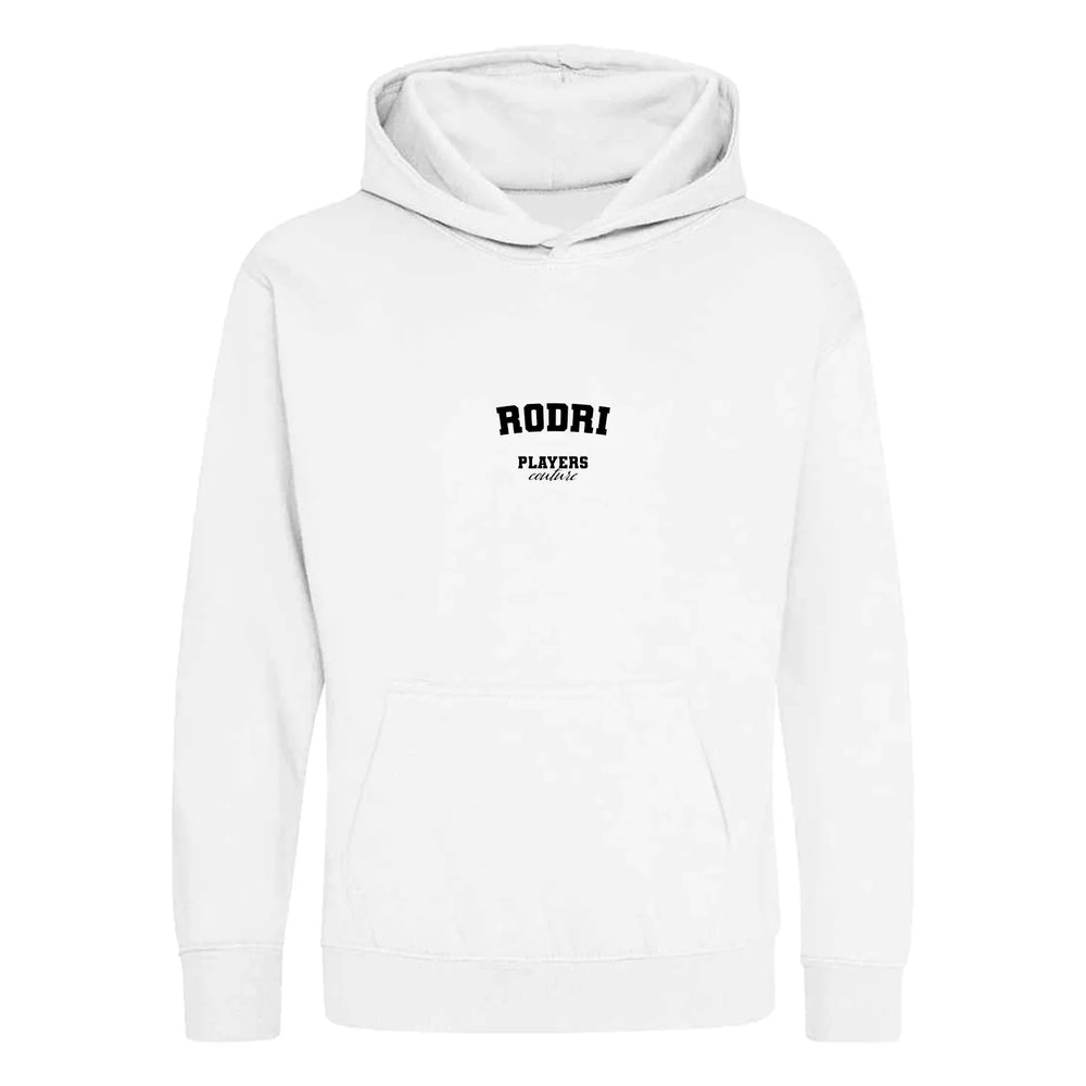 Rodri hoodie – white kids' hoodie with black Rodri letters and Players Couture logo on the chest