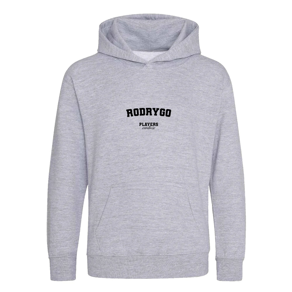 Rodrygo hoodie – grey kids' hoodie with black Rodrygo letters and Players Couture logo on the chest
