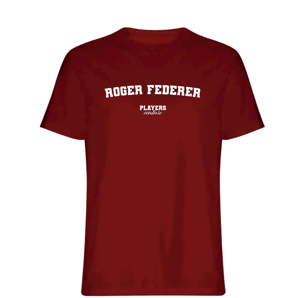 Roger Federer t-shirt – red men's t-shirt with white Roger Federer letters and Players Couture logo on the chest