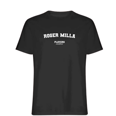 Roger Milla t-shirt – black men's t-shirt with white Roger Milla letters and Players Couture logo on the chest