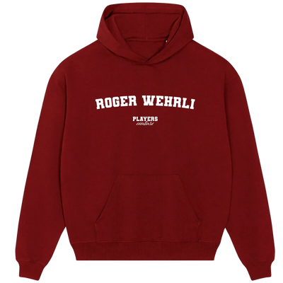 Roger Wehrli hoodie – red men's hoodie with white Roger Wehrli letters and Players Couture logo on the chest