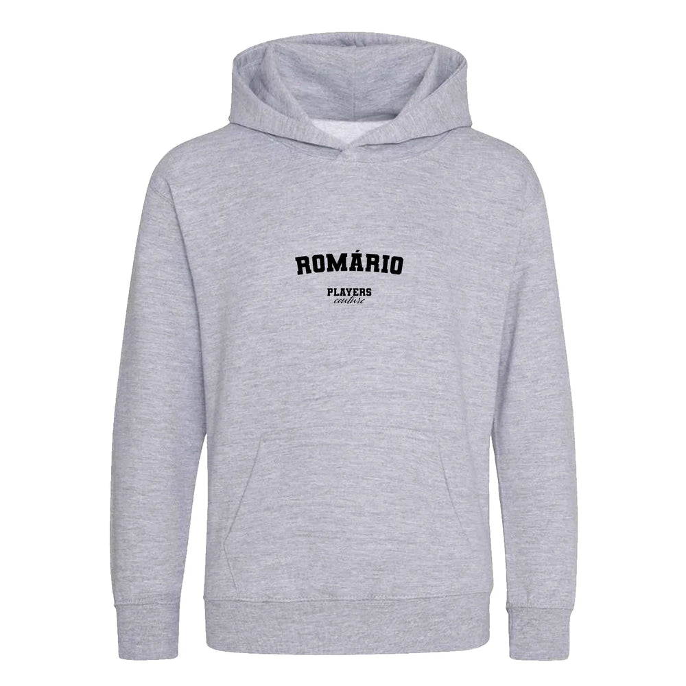 Romário hoodie – grey kids' hoodie with black Romário letters and Players Couture logo on the chest