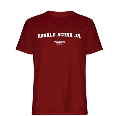 Ronald Acuna Jr. t-shirt – red men's t-shirt with white Ronald Acuna Jr. letters and Players Couture logo on the chest