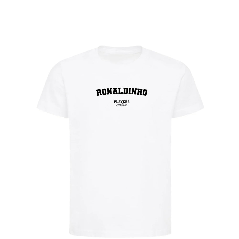 Ronaldinho t-shirt – white kids' t-shirt with black Ronaldinho letters and Players Couture logo on the chest