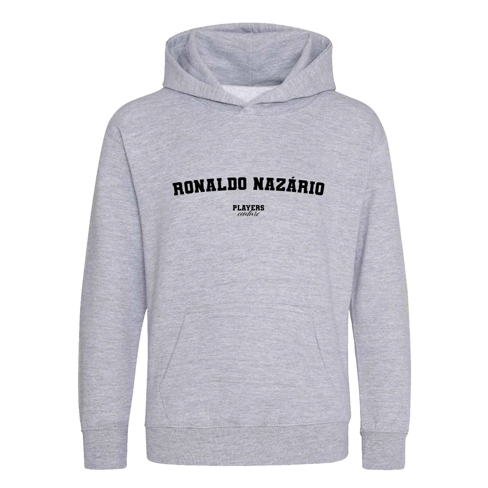 Ronaldo Nazário hoodie – grey kids' hoodie with black Ronaldo Nazário letters and Players Couture logo on the chest