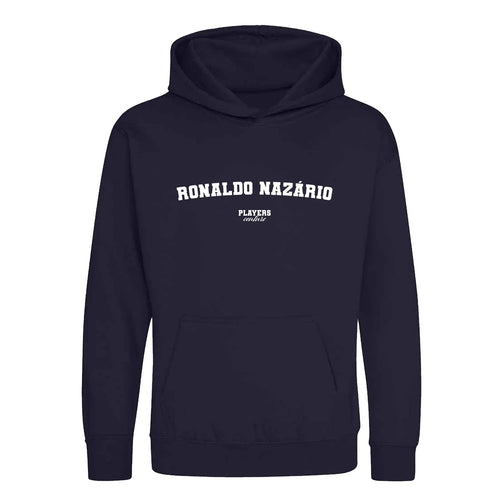 Ronaldo Nazário hoodie – navy kids' hoodie with white Ronaldo Nazário letters and Players Couture logo on the chest