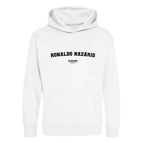 Ronaldo Nazário hoodie – white kids' hoodie with black Ronaldo Nazário letters and Players Couture logo on the chest