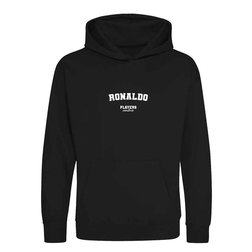 Ronaldo hoodie – black kids' hoodie with white Ronaldo letters and Players Couture logo on the chest