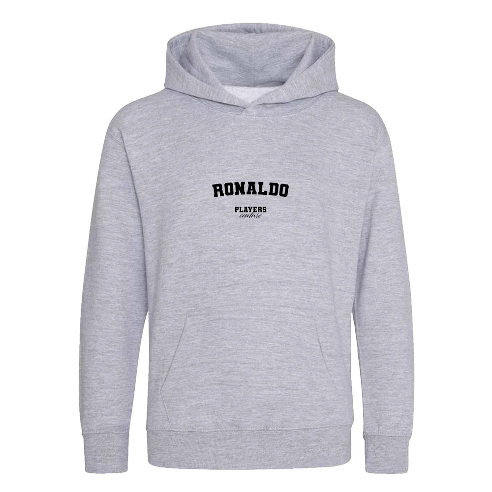 Ronaldo hoodie – grey kids' hoodie with black Ronaldo letters and Players Couture logo on the chest