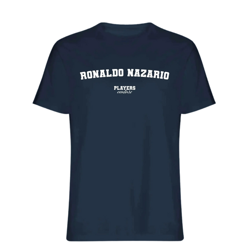 Ronaldo Nazario t-shirt – navy men's t-shirt with white Ronaldo Nazario letters and Players Couture logo on the chest