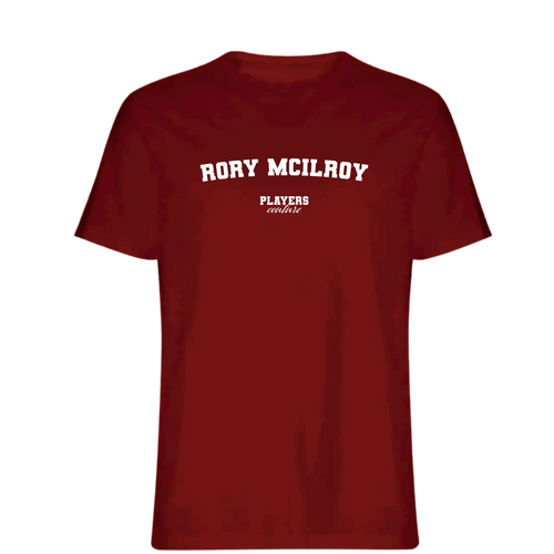 Rory McIlroy t-shirt – red men's t-shirt with white Rory McIlroy letters and Players Couture logo on the chest