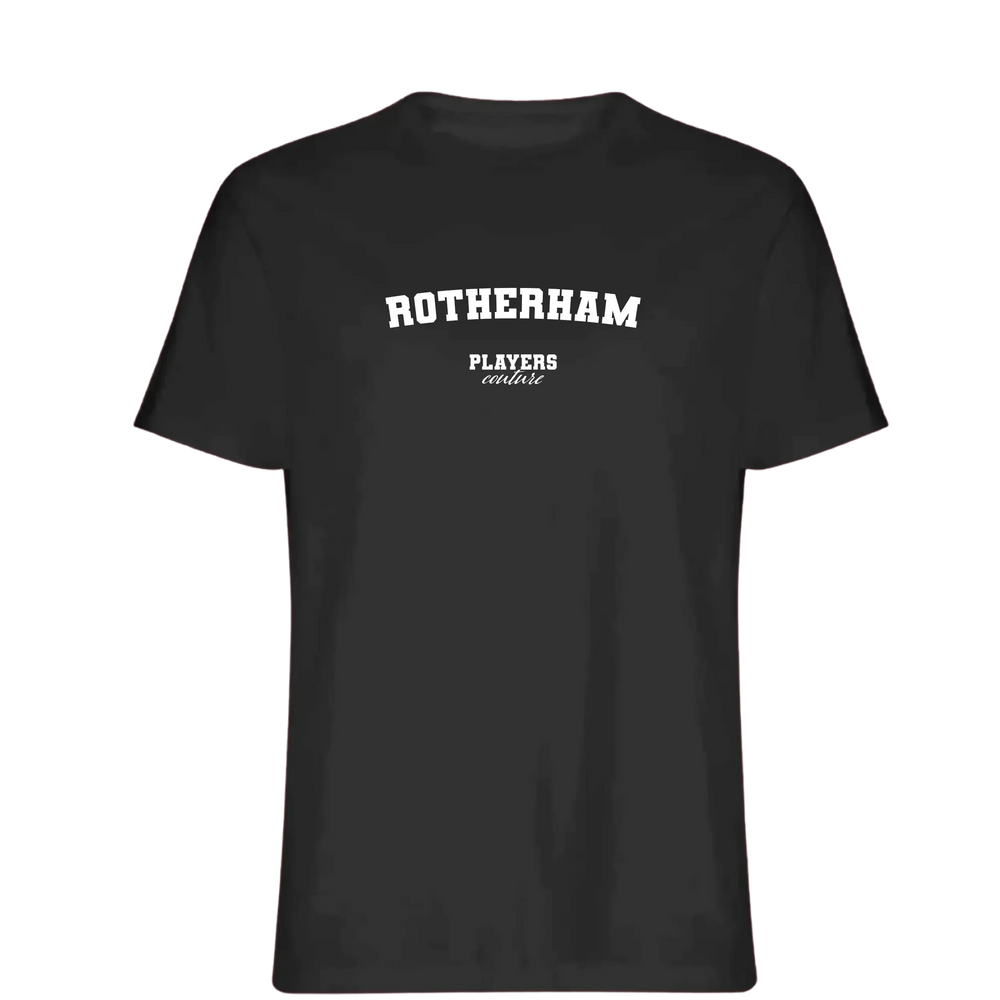 Rotherham t-shirt – black men's t-shirt with white Rotherham letters and Players Couture logo on the chest