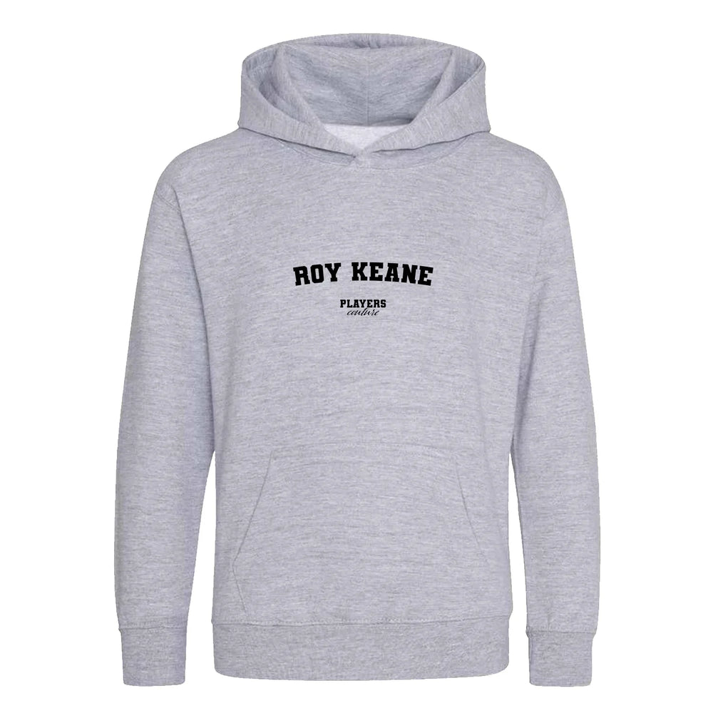 Roy Keane hoodie – grey kids' hoodie with black Roy Keane letters and Players Couture logo on the chest