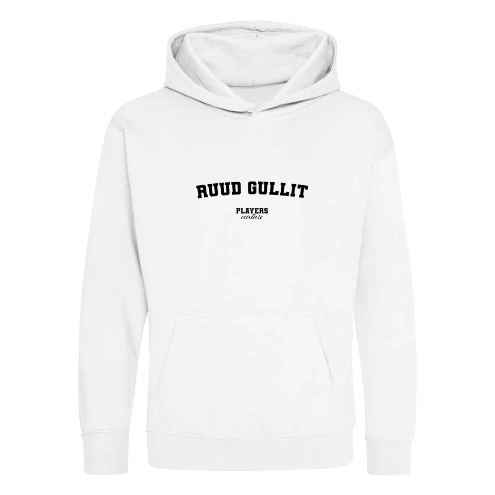 Ruud Gullit hoodie – white kids' hoodie with black Ruud Gullit letters and Players Couture logo on the chest