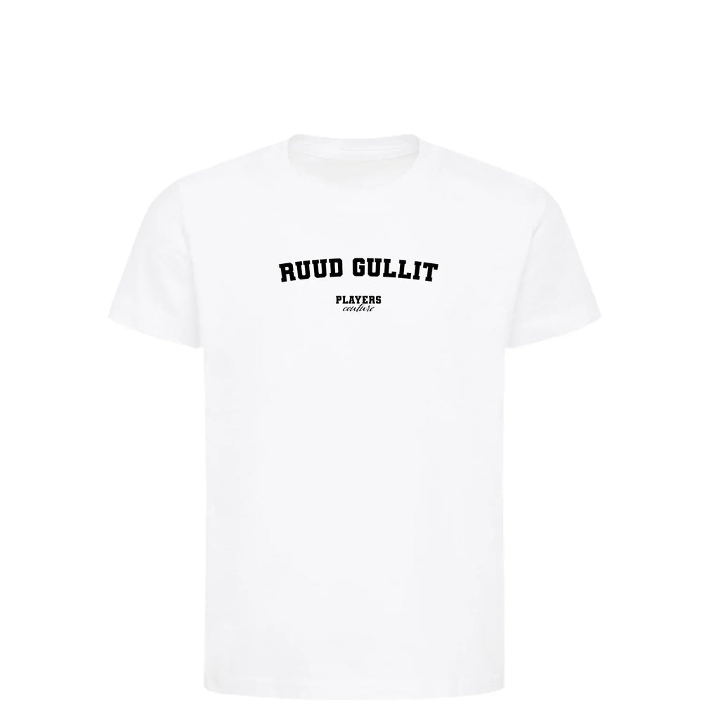 Ruud Gullit t-shirt – white kids' t-shirt with black Ruud Gullit letters and Players Couture logo on the chest