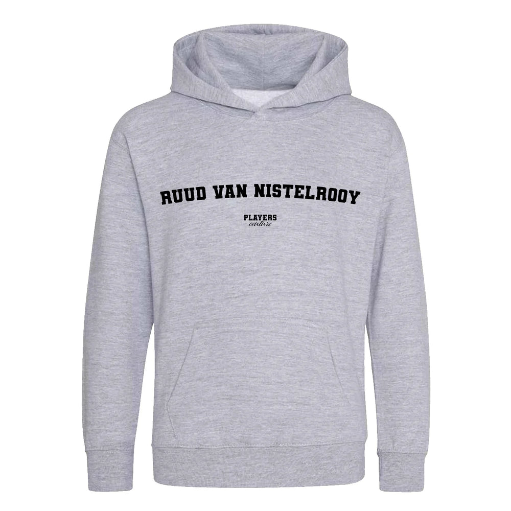 Ruud van Nistelrooy hoodie – grey kids' hoodie with black Ruud van Nistelrooy letters and Players Couture logo on the chest