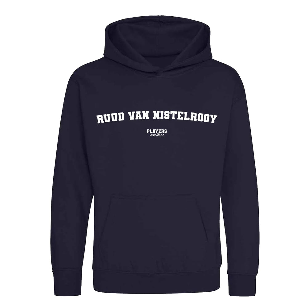 Ruud van Nistelrooy hoodie – navy kids' hoodie with white Ruud van Nistelrooy letters and Players Couture logo on the chest
