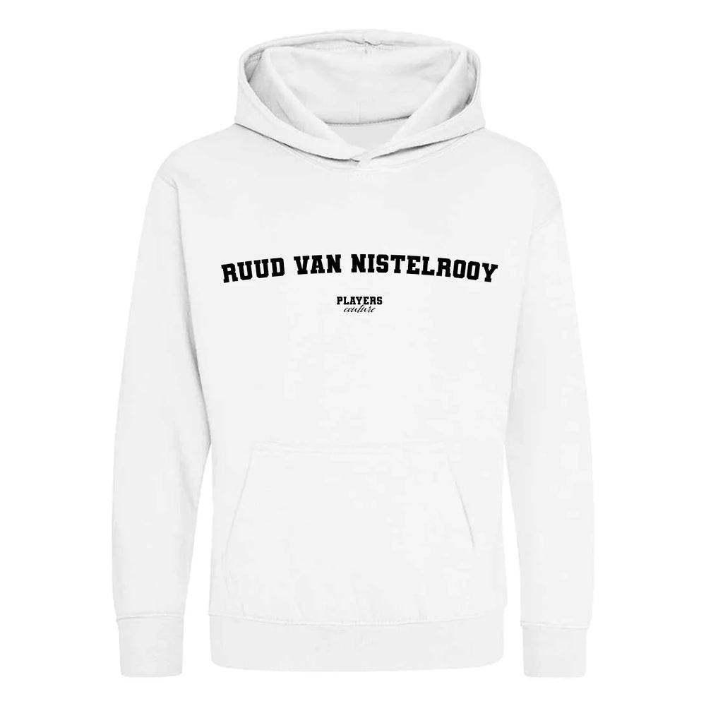 Ruud van Nistelrooy hoodie – white kids' hoodie with black Ruud van Nistelrooy letters and Players Couture logo on the chest