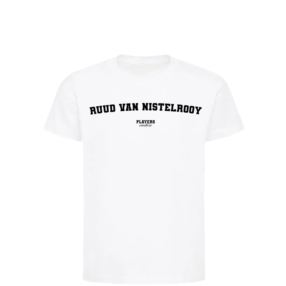 Ruud van Nistelrooy t-shirt – white kids' t-shirt with black Ruud van Nistelrooy letters and Players Couture logo on the