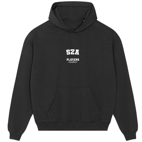 SZA hoodie – black men's hoodie with white SZA letters and Players Couture logo on the chest