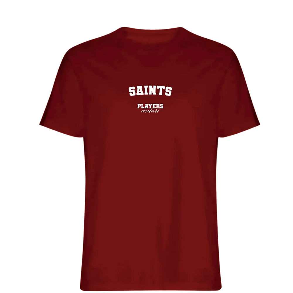 Saints t-shirt – red men's t-shirt with white Saints letters and Players Couture logo on the chest