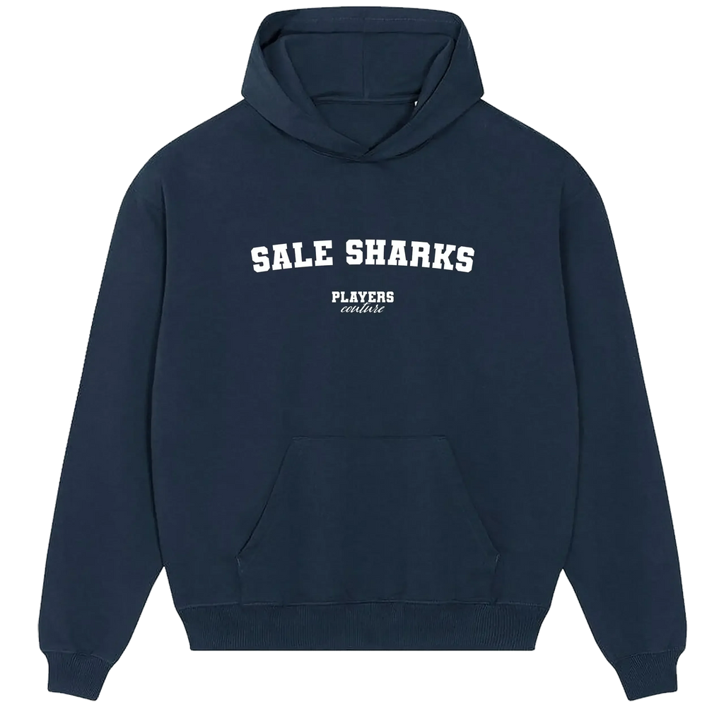 Sale Sharks hoodie – navy men's hoodie with white Sale Sharks letters and Players Couture logo on the chest