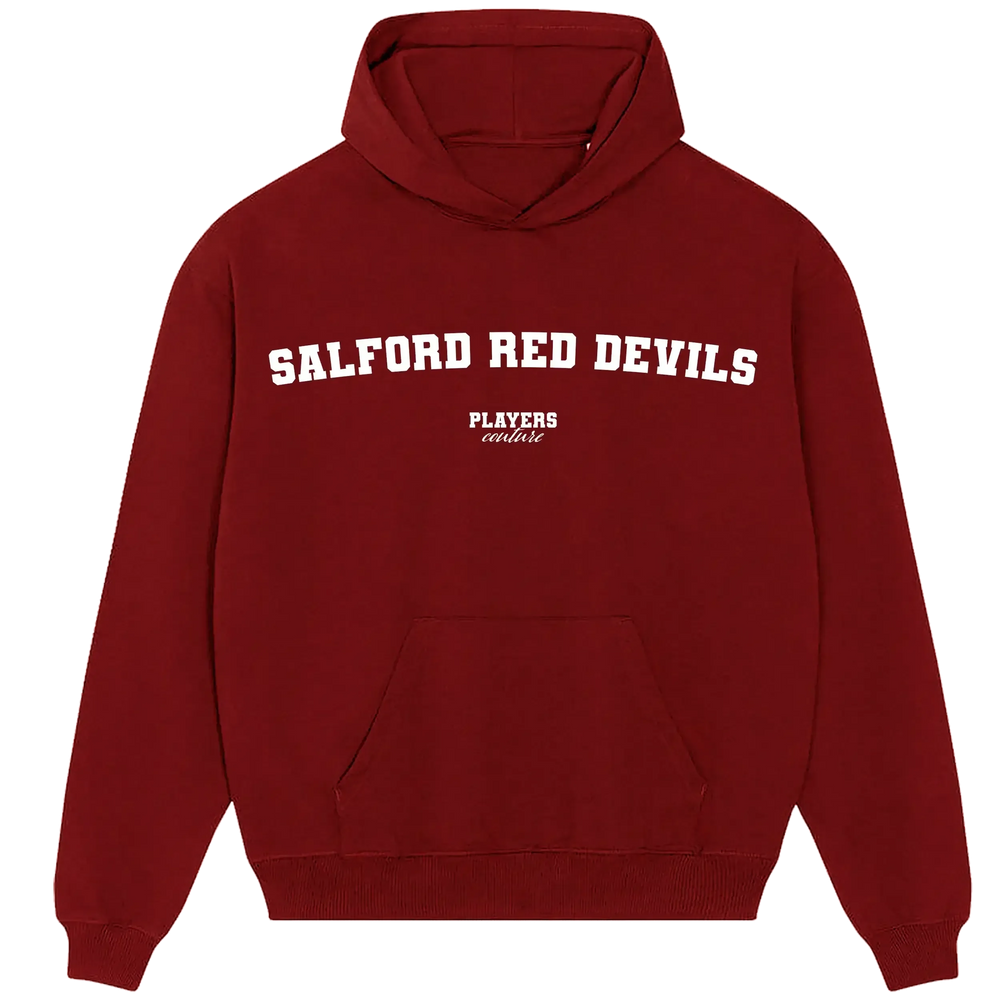 Salford Red Devils hoodie – red men's hoodie with white Salford Red Devils letters and Players Couture logo on the chest