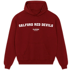 Salford Red Devils hoodie – red men's hoodie with white Salford Red Devils letters and Players Couture logo on the chest
