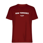 Sam Torrence t-shirt – red men's t-shirt with white Sam Torrence letters and Players Couture logo on the chest
