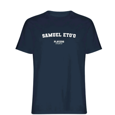 Samuel Eto’o t-shirt – navy men's t-shirt with white Samuel Eto’o letters and Players Couture logo on the chest