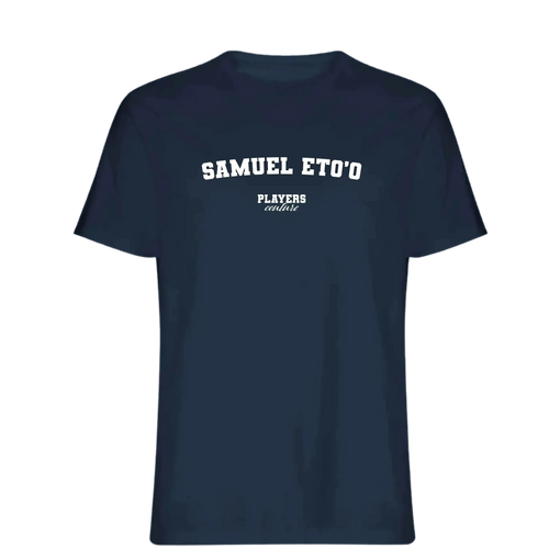 Samuel Eto’o t-shirt – navy men's t-shirt with white Samuel Eto’o letters and Players Couture logo on the chest