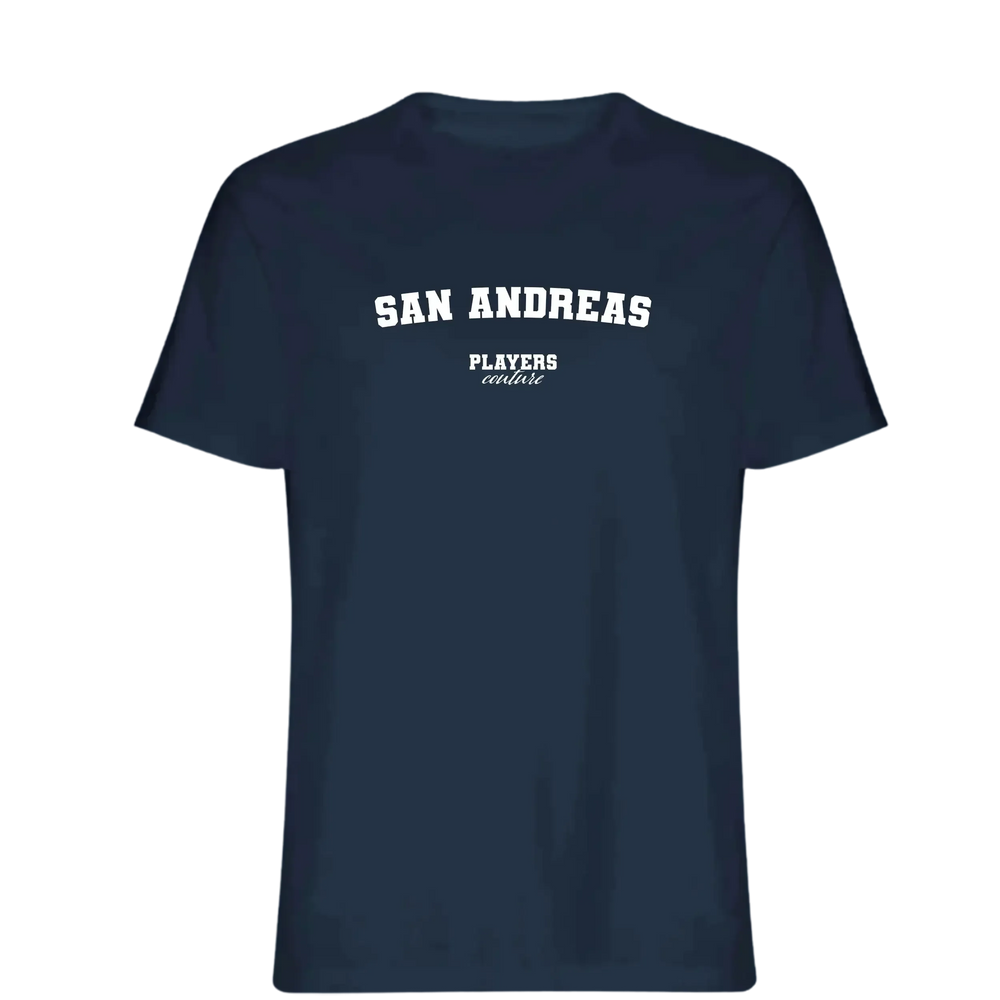 San Andreas t-shirt – navy men's t-shirt with white San Andreas letters and Players Couture logo on the chest